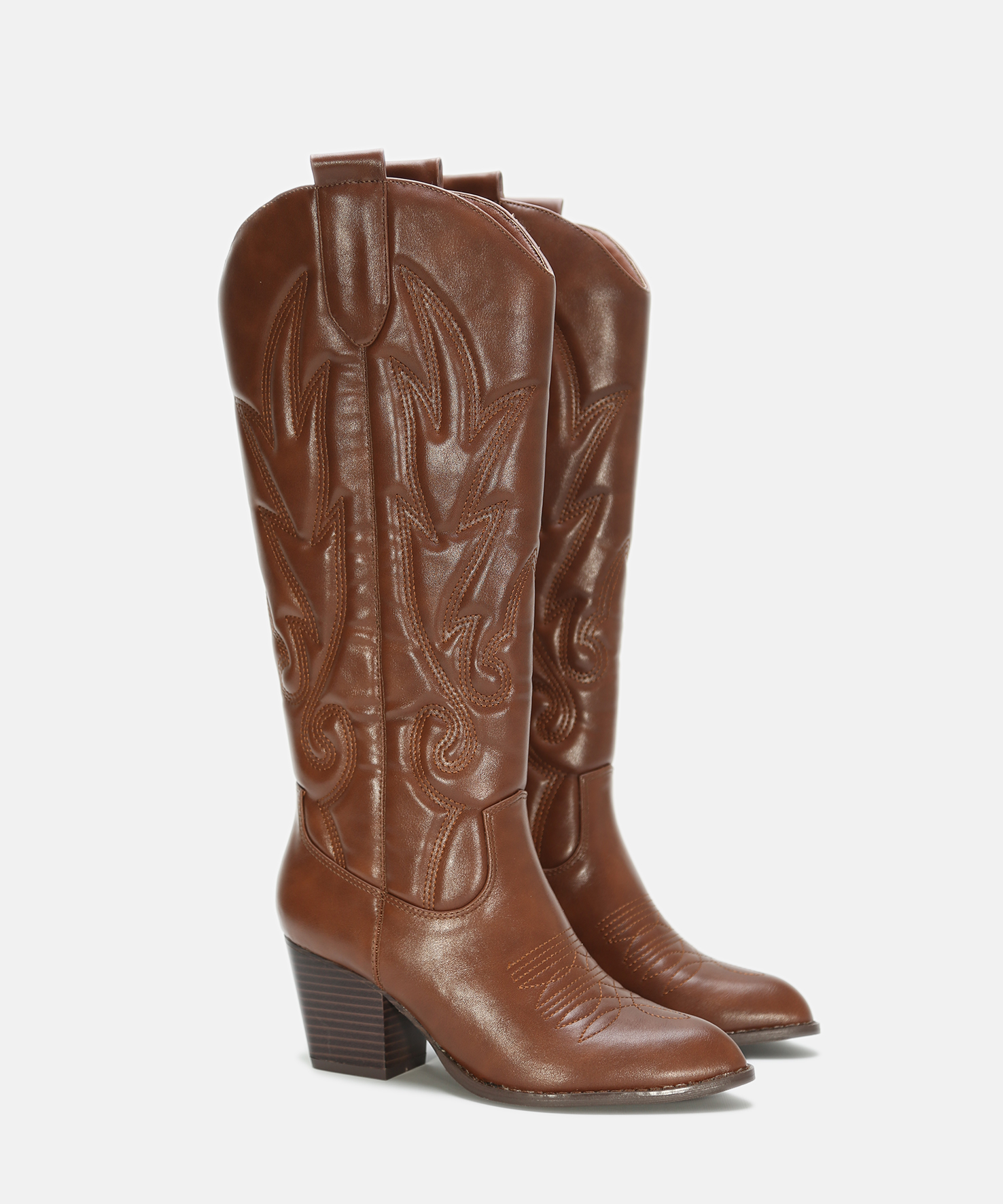 Botas cowboy castanhas com salto bordado image number null